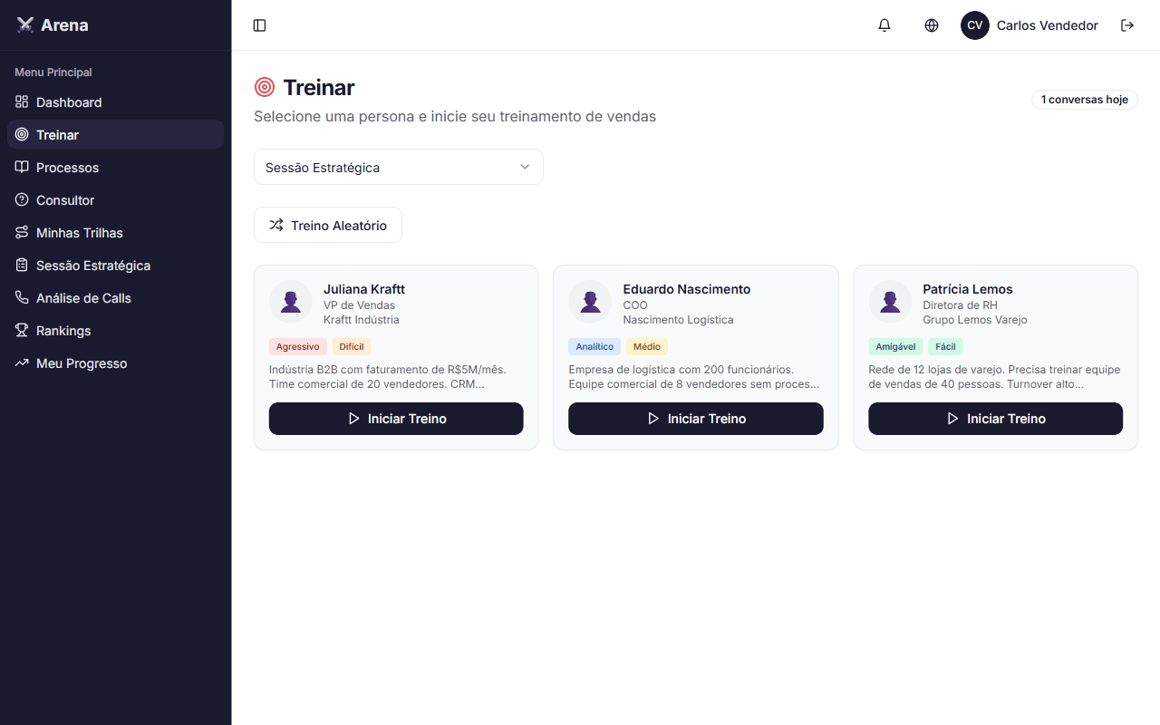 Tela de treinamento com personas de cliente para simulação de vendas